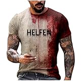 T-Shirt Halloween Kostüm Herren Baumwolle Lustig Blutflecken Druck Vintage Hemd Shirt mit Rundhalsausschnitt Kostüm Herren Kurzarm Kostüm Karneval Herren mit Blutspritzern, grau, XX-Larg