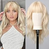 Allbell Lange Lockige Blonde Perücken mit Bangs Wasser Wellig Natürlich aussehende Weiße Blonde Synthetische Perücken für Frauen Hitzebeständiger H