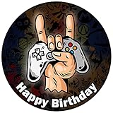 J&M DECO Essbare Tortenaufleger - Tortenaufleger Geburtstag - Tortendeko Gamer Motiv - Geburtstagskuchen Deko aus Fondant - Rund 20 cm - Esspapier Tortendeko - Cake D