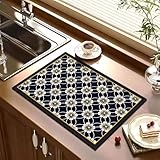 SHATSS Abtropfmatte Geschirr Schwarze Blume Schnell Trocknenden Pads,Kaffeevollautomat Unterlage,Abtropfmatte Geschirr,Saugfähige Abtropfmatte Für Küchen Und Spülbecken Saugfähigen 30 * 40C