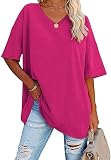 Ebifin Damen Oversize T Shirt mit V-Ausschnitt Kurzärmeliges Casual Lockere Basic Sommer Tee Shirts Bluse.Rosenrot.XXL