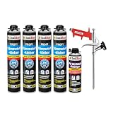 Isolbau B2 Dämmstoffkleber SET - 4 x 750 ml Perimeterkleber, 1 x PU-Schaum-Reiniger & 1x Schaumpistole für EPS & XPS-Platten - 1K PU-Klebeschaum für Dämmung und I
