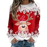 Weihnachtspullover Damen Langarmshirt, Winter Pullover Weihnachten Sweatshirt Frauen|Lustig Weihnachtspulli Damen Langarm mit Rentier Weihnachtsmotiv Weihnachtsshirt Schwarz Long