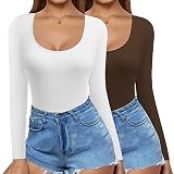 Ekouaer Langarmshirt Multipack Damen Slim Fit Y2K Oberteile Basic Shirt Damen Langarm Crop Tops Casual Rundhals T-Shirt 2pcs, Weiß+Braun, L