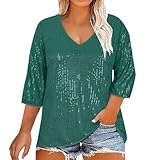 Pailletten Oberteil Damen Elegant, Glitzer Oberteile Damen Party Bluse Mit V-Ausschnitt Shirt Lockere Tops Casual Kurzarm Modisch Blusenshirt Einfarbig Oberbekleidung Glamour G