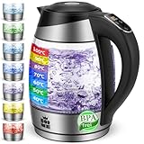 FOR ME Glas Elektrischer Wasserkocher 1,8L, Temperatureinstellung, Temperaturwahl 40°C bis 100°C, 7 Farben LED-Beleuchtung, Warmhaltefunktion, BPA-F