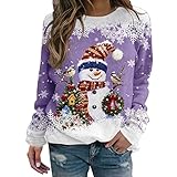 Weihnachtspullover Damen Rundhals, Weihnachts Sweatshirt Damen Ohne Kapuze-Weihnachtsshirt Damen Langarm mit Schneemann Aufdruck Mode Lässige Loose Herbst Winter Pullover Weihnachtsb