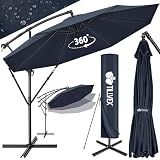 tillvex Alu Sonnenschirm Ø 300 cm mit Kurbel | Ampelschirm mit Ständer | Gartenschirm UV-Schutz Aluminium | Kurbelschirm Marktschirm wasserdicht 360° drehbar Navy-B