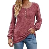 Lässige Langarmbluse für Damen, trendig, Rundhalsausschnitt, einfarbig, Oberteile, Cadual-Knöpfe, geteilter Saum, Herbst, bequem, klassische Passform, T-Shirt 2024, Damenmode, 3#Weinrot, XL