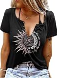 Eniloyal T Shirt Dame V Ausschnitt Sexy Oberteile Sommer mit Aufdruck Elegant Basic Tshirts Locker Schwarz XL