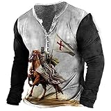 WINJAPAN Herren Tempelritter 3D Bedruckte T-Shirts Vintage Langarm Distressed Henley Shirt Retro Outdoor Sports Tactical T-Shirt Top