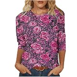 Damen-Top, Rundhalsausschnitt, 3/4-Ärmel, bedrucktes T-Shirt, bequemes Ausgehen, Tops und T-Shirts mit Jeans, Valentinstagsgeschenk für Sie, mehrfarbig, L