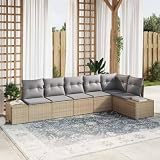 Qnhdfrt Garten Sofa Set 6 TLG. Outdoor Möbelgruppe aus Poly Rattan Beige mit Grauen Kissen für Terrasse Balkon und G