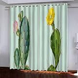Gardinen Wohnzimmer Kinderzimmer Verdunkelungsvorhang 3D Gelber Blütenkaktus Druck Vorhänge Blickdicht Schlafzimmer Thermovorhang Mit Ösen, 2Er Set Fensterdekoration 200X160Cm (BxH)