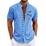 T-Shirt Mit Witzigen Sprüchen Hemdjacke Herren Funktionsshirt Herren Langarm Stehkragen Palm Druck Sommerhemd Kurzarm Knopfleiste Strandhemd Unterhemd (Blau XL)