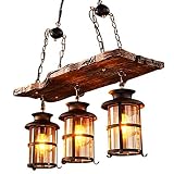 Vintage Pendellampe E27 Industrielle Pendelleuchte Retro Holz Hängeleuchte Schwarz Eisen und Glas Lampenschirm Höhenverstellbar Loft Kronleuchter Innen Hängelampe für Esszimmer Wohnzimmer Bar C