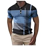 Sport-Tops für Herren, Sommer-Daunen, kurzärmelig, kariert, Revers, farblich passendes Streifendruck-Shirt, Stehkragen, Herren, hellblau, M
