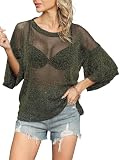 Missufe Damen Oberteile Sommer Basic Mesh Top Halbarm Rundhals T-Shirt (Gold, X-Groß)