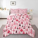 Manfei Cartoon-Baum-Bettwäsche-Set für Doppelbett, Weihnachtsmotiv, 2-teilig, für Kinder, Mädchen, Erwachsene, Schlafzimmer, Dekoration, Neujahr, rosa karierte Daunen, weiches Polyester,