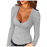 Briskorry Damen Langarmshirt Elegant Tops Langarm Slim Shirt V-Ausschnitt Basic Oberteile Einfarbig Oberteil Tunika Herbsttop Mode T-Shirts Bluse Basicshirt Streetw