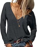 Fisoew Damen Langarmshirt Sexy Oberteile mit V-Ausschnitt Oversized Basic Longshirt Lose Einfabrig Langarm T-Shirt(Schwarz, L)