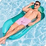 KRUMAD Luftmatratze Wasser mit Kopfstütze 150x70 cm, Pool Matratze mit Netz, Aufblasbare Schwimmmatratze, Relaxliege für Erwachsene, Wasserhängematte, Pool Zubehör, Blau-Grü