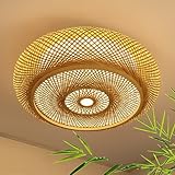 Deckenleuchte Bambus Deckenlampe LED Holzlamp Fernbedienung Dimmbar Bambus Handgewebte Natürlicher 40W Retro Deckenlampe Rattan Bambus,Rund Decke Bambuslampen Für Schlafzimmer Wohnzimmer Flur,40