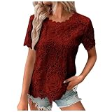 Damen-Sommer-Spitzen-T-Shirt, Häkel-Stickerei, Ausgehen, lockere Passform, lässige Blusen, trendiges T-Shirt, niedliches T-Shirt, kurzärmelig, Rundhalsausschnitt, Spitzenbesatz, wein, M