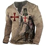 WINJAPAN Herren Tempelritter 3D Bedruckte T-Shirts Vintage Langarm Distressed Henley Shirt Retro Outdoor Sports Tactical T-Shirt Top