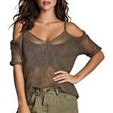 Foweknow T-Shirt Damen Sexy Mesh Sheer Durchsichtig Kurzarm Tops Transparent Bluse Spaghettiträger Schulterfrei Blusenshirt Sommer V Ausschnitt Lose Tüll Oberteil Shirt Party Clubw