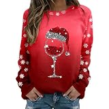 Damen Weihnachtspullover Sweatshirt, Pullover Weihnachten Langarmshirt|Weihnachtspulli mit Weinglas Muster Winter Rundhals Langarm Sweatshirt Xmas Pulli Weihnachts Oberteile Schwarz Teenag