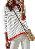 Cuptacc Damen Pullover Elegant Gestreiftes Langarmshirt T-Shirt Rundhalsausschnitt Casual Sweatshirt Damen Grau Groß L 42-44