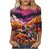 Damen-Top, 3/4-Ärmel, trendig, Halloween, bedruckt, lässig, lockere Passform, Rundhalsausschnitt, bequem, elegant, klassisches Hemd, Herbst 2024, Damenmode, neues Halloween-T-Shirt, 21#Orange, XXL