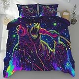 Sobhdga Bügelfreie Bettwäsche Hippie Skull Musik Headset, Sommerbettwäsche 135x200, Neon Cyberpunk Bettbezug Mikrofaser, Sternenhimmel Bettwäsche Set mit Reißverschluss, 2 Kissenbezug 80x80
