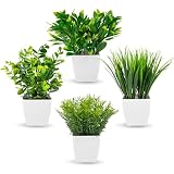 4 Stück Klein Kunstpflanzen, Künstliche Pflanzen Innenbereich, Plastik Pflanzen im Topf, Gras, Eukalyptus, Rosmarin, Kunstpflanze für Büro, Tisch, Schlafzimmer, Küche, Badezimmer, Heimdek