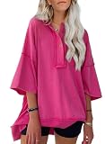 Aleumdr Oversize Shirt Damen Knöpfen Oberteile mit 3/4 Ärmeln Damen Sommer Tshirt Locker Rosa Größe M