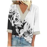 Fulidngzg Damen Oberteile Sexy 3/4-Ärmeln mit Bedruckte V-Ausschnitt Tunika Sommer Baumwoll Oberteile Stretch Casual Longshirt Atmungsaktiv Damenblusen Große Größen Locker Sportshirt Sexy Top