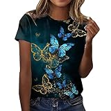 Sommer Tshirt Damen Lässige Oberteile mit 3D Rosen Schmetterlings Druck Sommer Tops Kurzärmliges T Shirt mit O Ausschnitt Floralen Motiven Hemden Basic Shirts Geschenk für Frauen Longshirt D