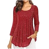 Glitzer Oberteile Damen 3/4 Ärmel Bluse Elegant Pailletten Tunika Festliche Blusenshirt Mesh Pullover Einfarbig Tshirt Silvester Outfit Leicht und Luftig T-Shirt Mode Blusentop Longb