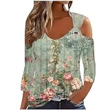 Damen Shirts 3/4 Arm Oberteile Schulterfrei Tops V Ausschnitt Kurzärmeliges Casual Sommer Tee Shirts Bluse Going Out Sommershirts Damen Leicht Und Luftig Sommermode Blumen Shirt S