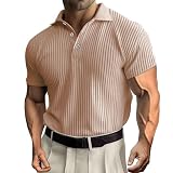 Herren gestrickt gestreiftes Poloshirt Henley Hemd Casual Loose Fit T-Shirts Mode Slim Strickshirts Stylish Top (M,Khaki)