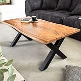 Riess Ambiente Massivholz Couchtisch Mammut - 120cm - Akazie - Honey Finish - Wohnzimmertisch mit echter Baumkante und X-Gestell aus M