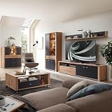 Wohnzimmer Set Wohnwand in braun, grau 5-teilig Modern in Eiche Nb., 1 Highboard, 1 Couchtisch, 1 Vitrine, 1 Wandboard, 1 Lowb