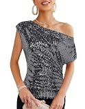 GRACE KARIN Damen Schräger Ausschnitt Party Oberteil Glitzer Pailleten T-Shirt Elegant Top für Abend Schwarz-Silber S