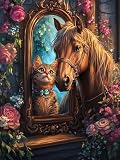 Zariocy 5D Diamond Painting Kits Pferd, DIY Malen mit Diamantkunst Katzen Round Full Drill Crystal Diamond Stickerei Gemälde Kunsthandwerk für Home Office Wall Decor 30x40