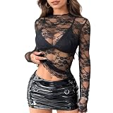 Mesh Sheer Tops Damen Netzoberteil Spitzen Blumenstickerei, Sheer Mesh Bluse Transparentes Shirt Schwarz, Leichtes Durchsichtige T-Shirt Netz Top Clubwear Halloween Party