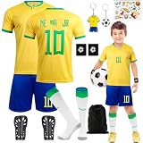 Fußball Trikot Set für Kinder, Nr.7/Nr.10 Fußballtrikot Jungen Fussball Trainingsanzug T-Shirt Shorts Socken Set mit Schienbeinschoner Schlüsselanhänger Temporäre Tattoos Football Jersey O