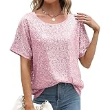 Pailletten-Top für Damen, glitzernde Bluse, glänzend, Party-Top, elegant, Glitzer, kurzärmelig, Rundhalsausschnitt, Nachtclub, Tunika, elegantes T-Shirt, lockeres Damen-T-Shirt, schimmernd, H