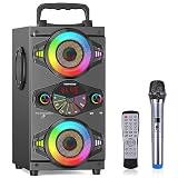 Bluetooth-Lautsprecher, tragbarer kabelloser Bluetooth-Lautsprecher, 60 W, für Partys zu Hause im Freien mit Subwoofer, FM-Radio, bunte LED-Lichter, Mikrofon, Fernbedienung und groß