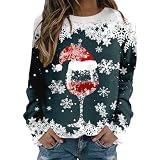 Weihnachtspullover Damen Sweatshirt Ohne Kapuze, Pullover Weihnachten Langarmshirt Rundhals Frauen|Weihnachtspulli mit Weinglas Muster Winter Weihnachtsshirt Große Größen Weihnachtsdruck